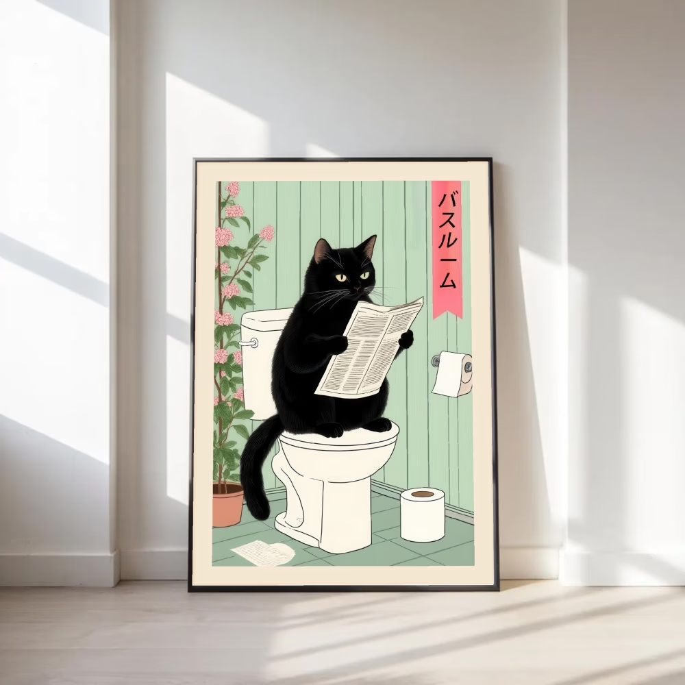 Home Decor Retro - モダン、レトロな興味深いトイレ猫ウォールアートプリントキャンバス絵画ポスター写真リビングルーム、寝室の家の装飾用