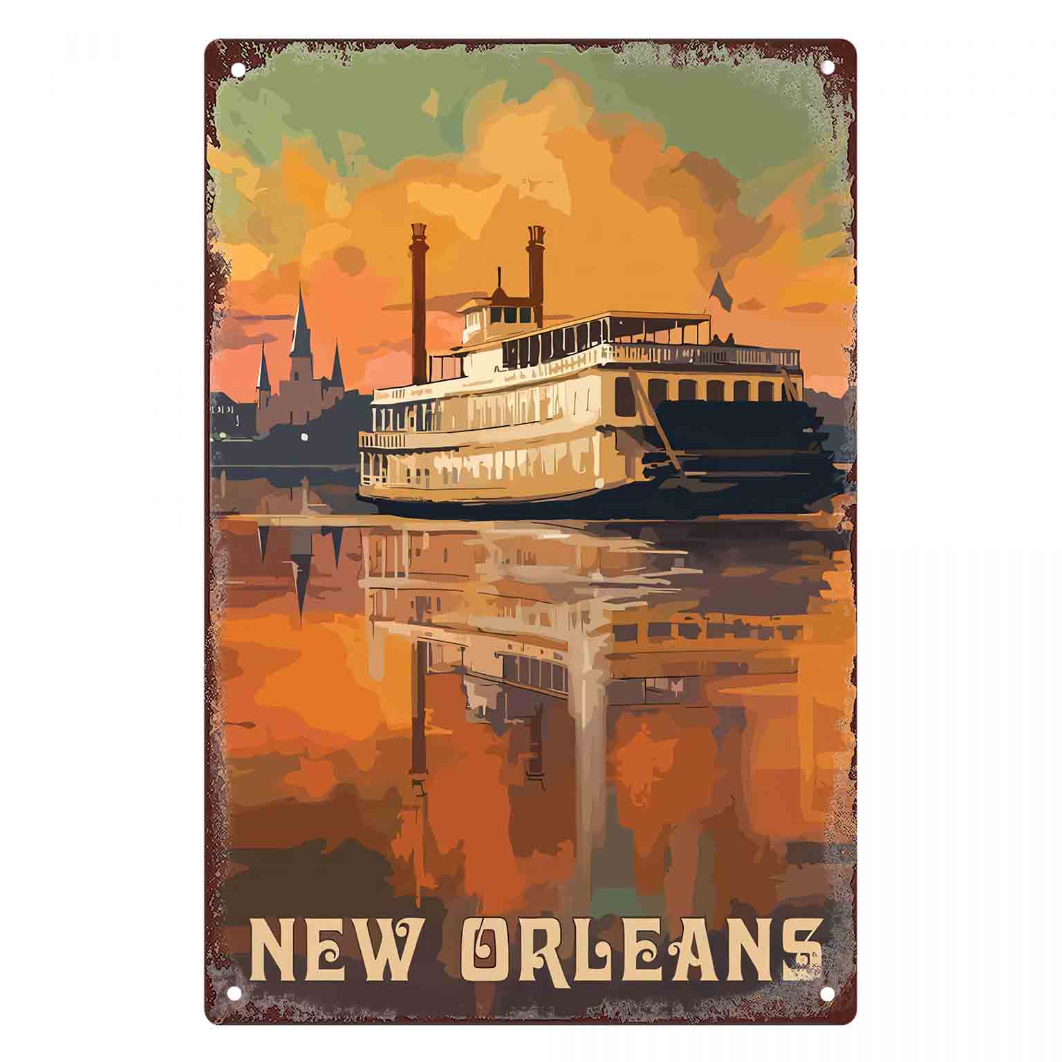 Home Decor New Orleans - 2Dフラット1個入り「ニューオーリンズ・リバーボート・サンセット」メタルウォールサイン装飾、家庭、カフェ、ガレージ、寝室、ポーチ、庭用