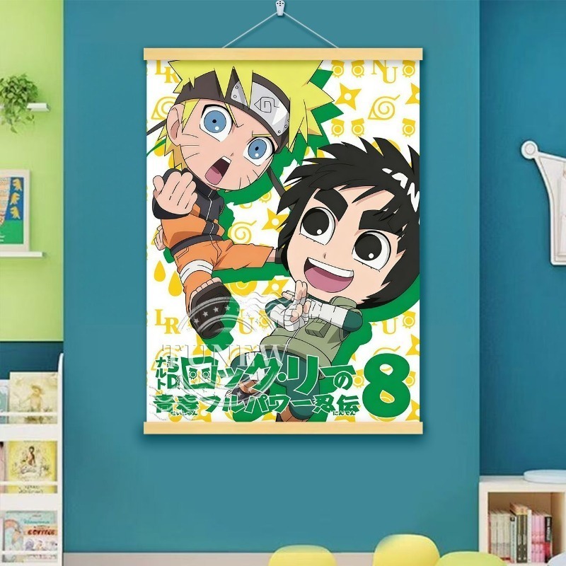 Home Decor Ai Free - Qバージョン ナルト ロック・リー スクロールポスター 木製ハンガー付き 壁掛け