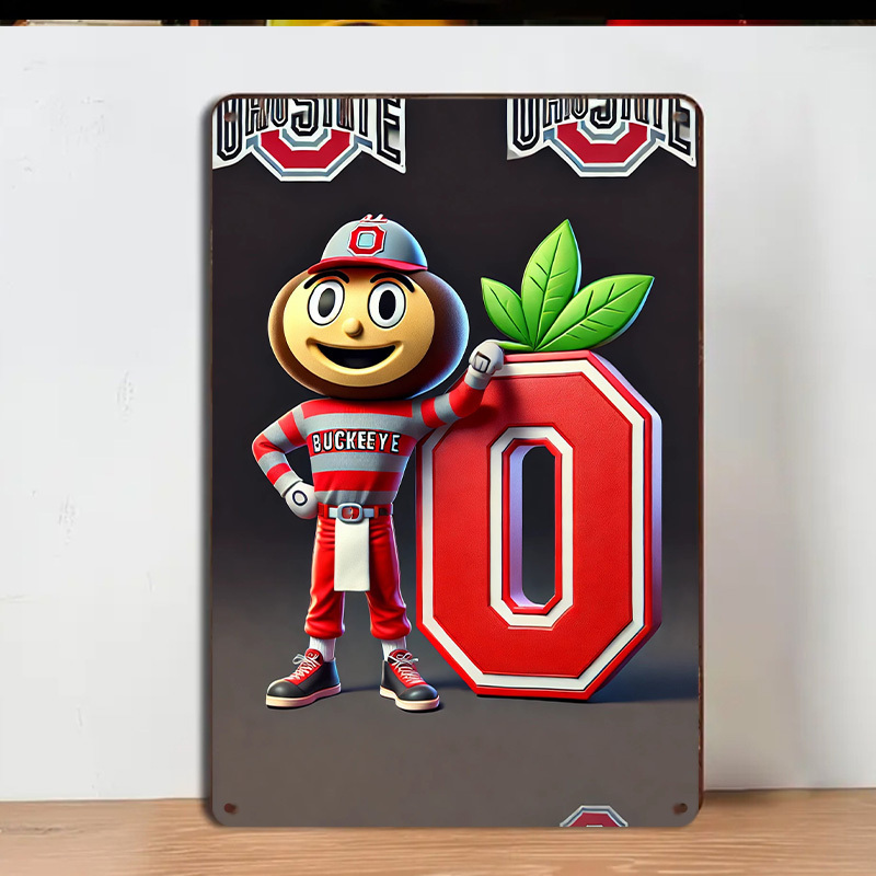 Home Decor Logo - バックアイズ ブルータス マスコット レトロメタルウォールデコレーション - ヴィンテージ「O」ロゴサイン（赤とグレー）頑丈な鉄製装飾品（家庭、バー用）
