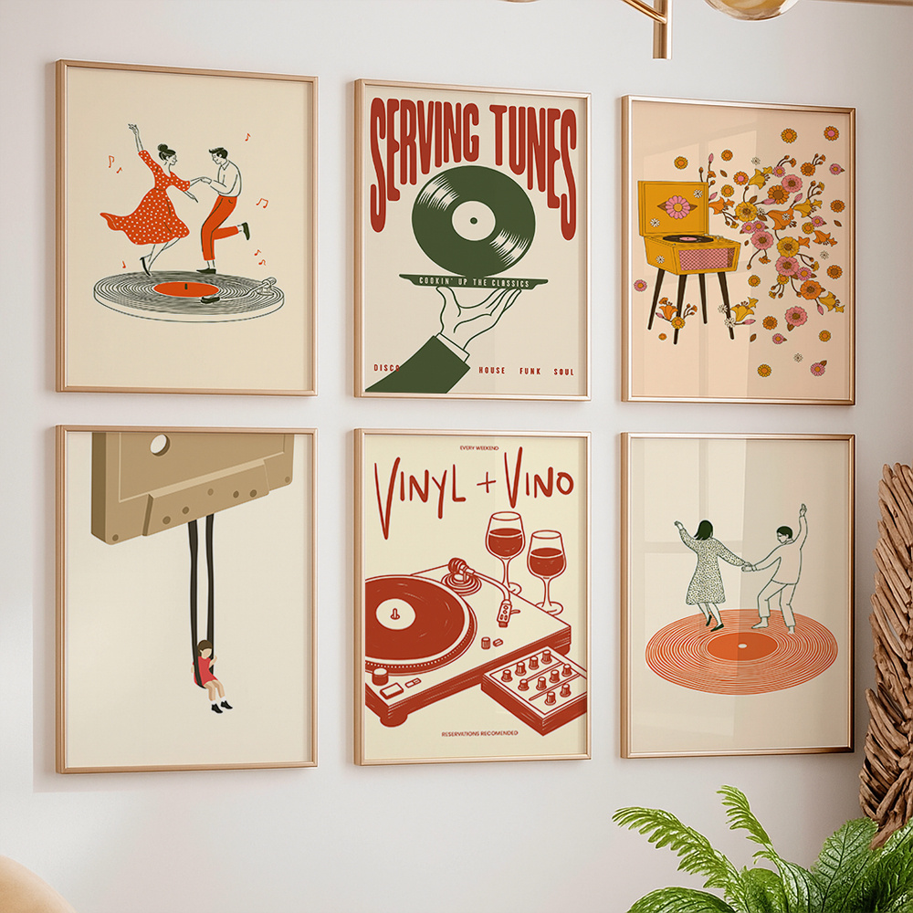 Home Decor Design Interior - 1pc ヴィンテージ音楽キャンバスポスターフレームなしレトロターンテーブルカセット花柄アートプリント壁の装飾リビングルーム寝室の家の装飾