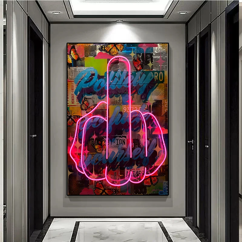 Home Decor Design Interior - クラシック抽象壁アートネオンデザイン中指絵画 HD キャンバスプリントポスターホームリビングルーム寝室の装飾