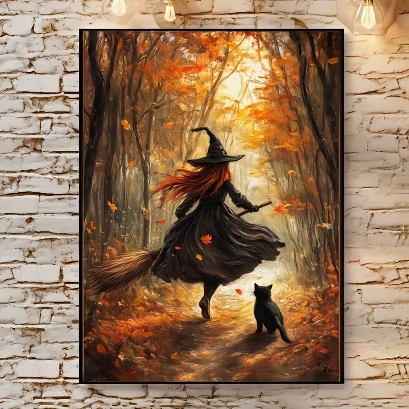 Home Decor Retro - レトロなハロウィン秋の魔女がほうきに乗る壁アートプリントキャンバス絵画ポスター、リビングルーム、寝室の家の装飾に。