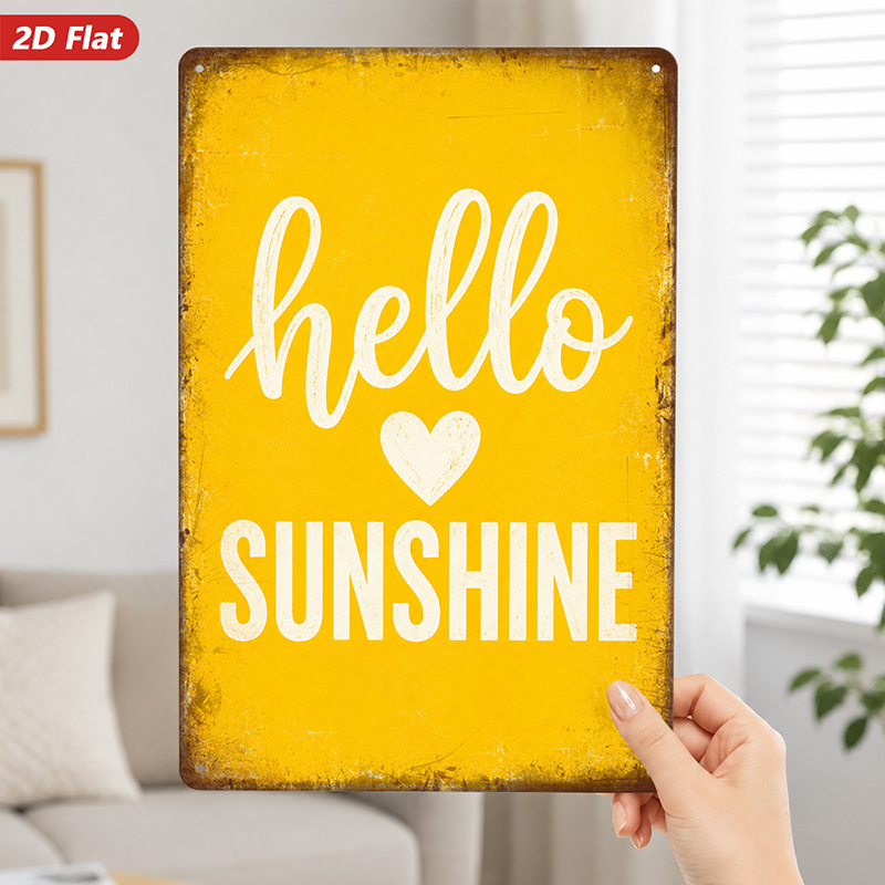 Home Decor Quotes - 2D平面デザイン、金属製の壁飾り1枚、「Hello Sunshine」の壁飾り、素朴なスタイル、励ましの言葉、インテリア、リビングに最適。