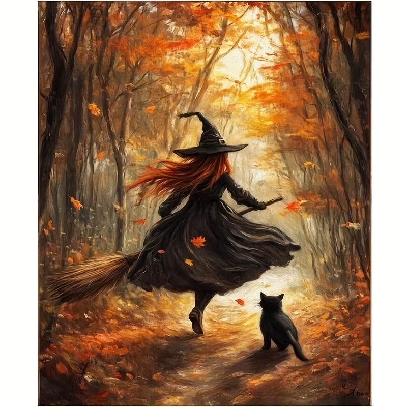 レトロなハロウィン秋の魔女がほうきに乗る壁アートプリントキャ - Home Decor Retro のレビューと価格