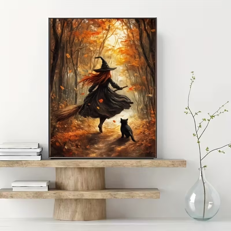 レトロなハロウィン秋の魔女がほうきに乗る壁アートプリントキャ - Home Decor Retro のレビューと価格
